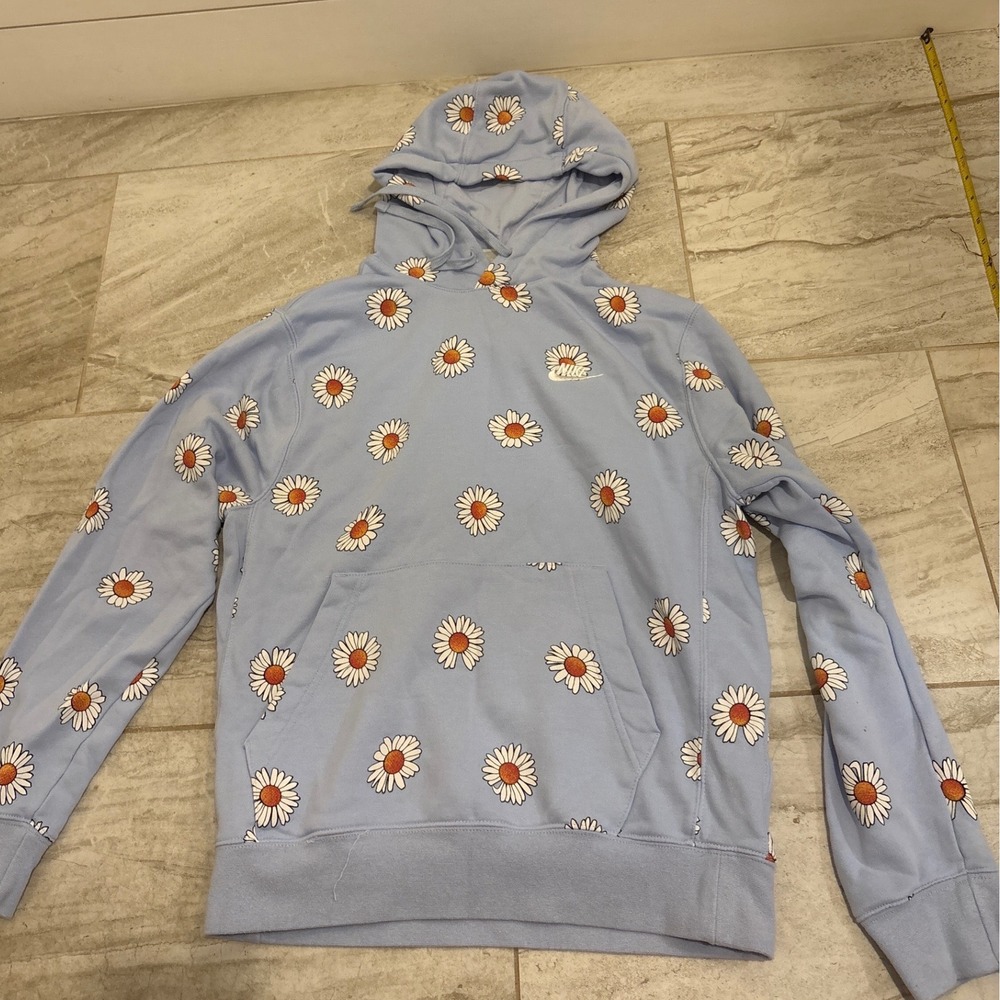 Nike French Terry Pullover Hoodie light blue‎ daisy pattern Size Small - Picture 2 of 7